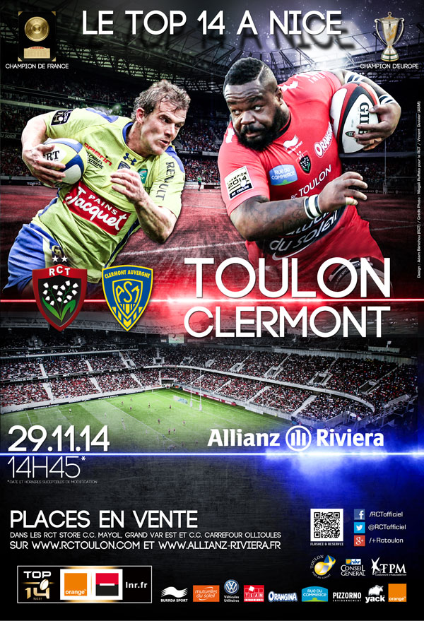 Places RC Toulon / Clermont 29 novembre 2014 à Nice en vente